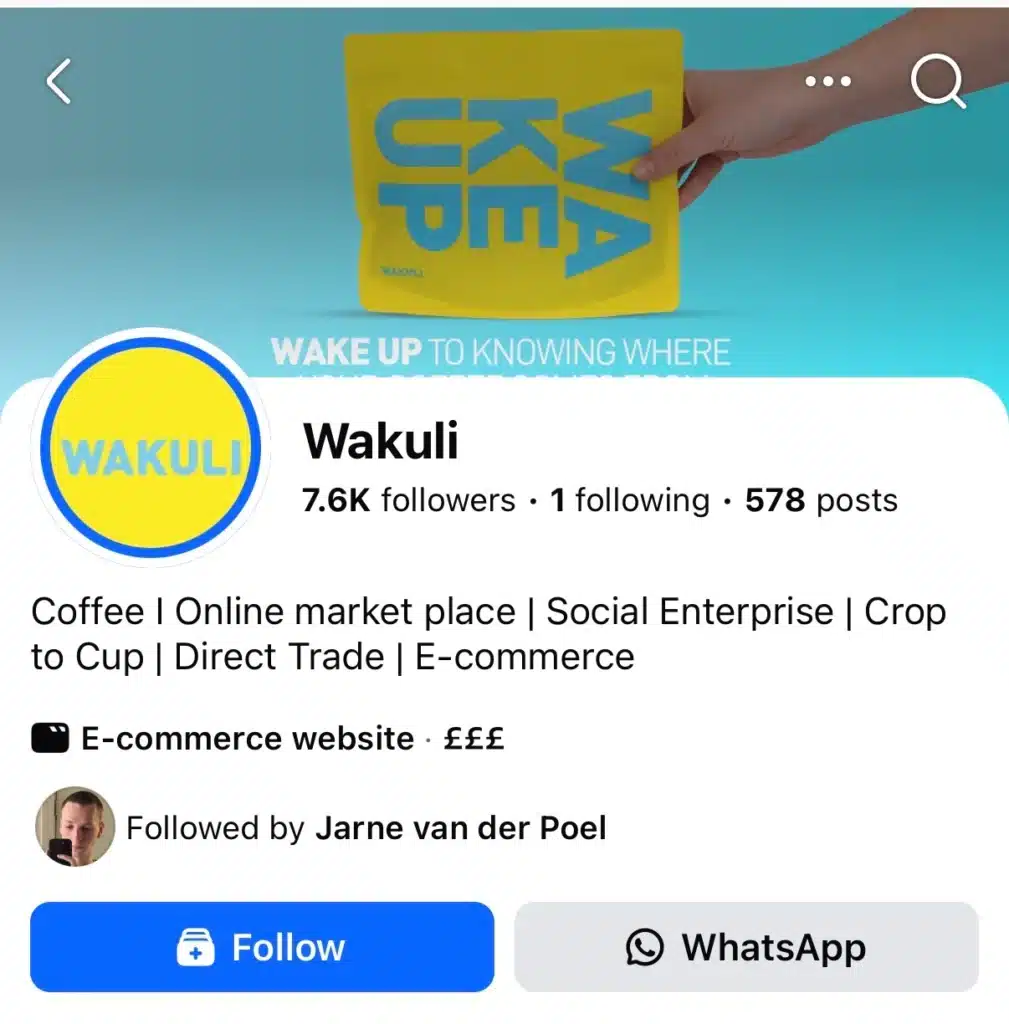 Facebook business page for Wakuli, showing the brand logo, follower count, and description highlighting coffee, direct trade, social enterprise, and e-commerce.