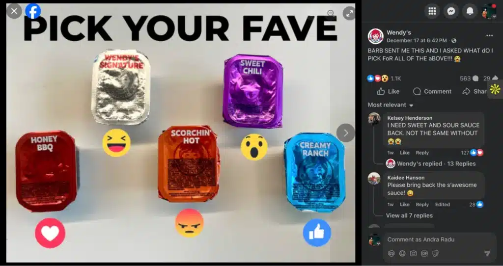 Pick your fave” graphic featuring Wendy’s dipping sauces arranged on a table, each matched with a reaction emoji, inviting viewers to choose their favorite sauce.