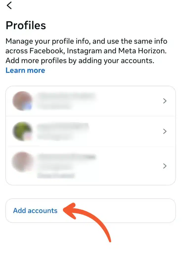 Facebook Profiles screen showing multiple connected profiles with an arrow pointing to the “Add accounts” button at the bottom.