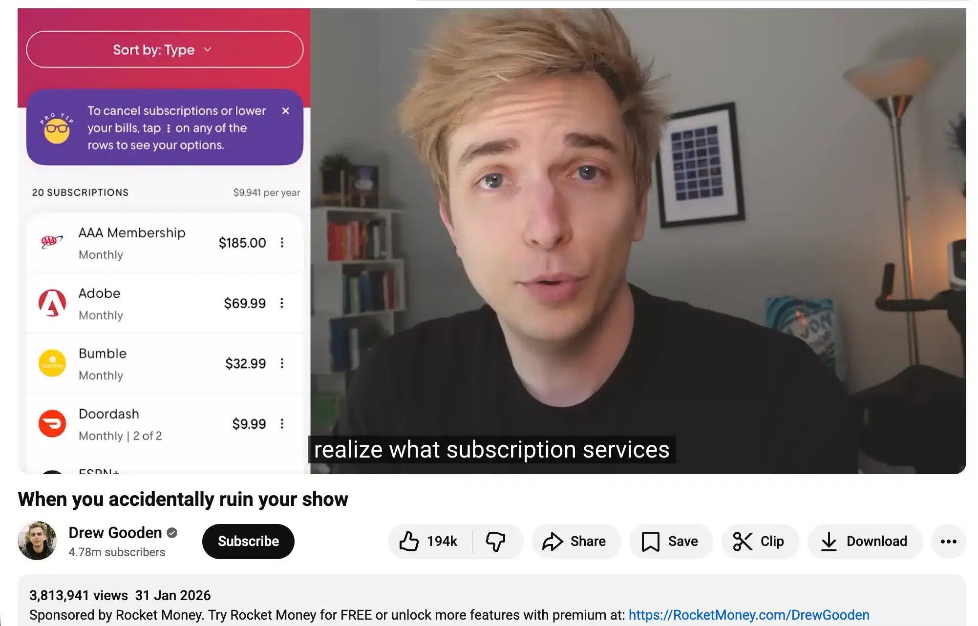 YouTube video page for Drew Gooden’s video “When you accidentally ruin your show,” featuring a frame of Drew speaking to camera with a Rocket Money sponsorship segment visible on screen and subscription prices listed beside him.