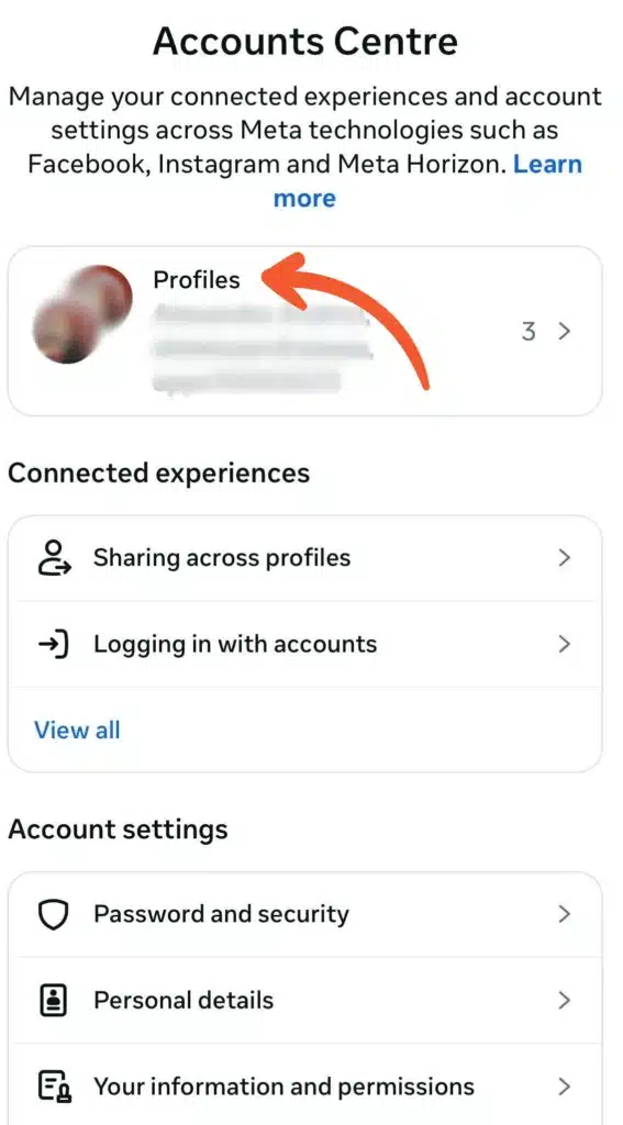 Facebook Accounts Centre screen with an arrow pointing to “Profiles,” displaying connected accounts and options like Sharing across profiles and Password and security.
