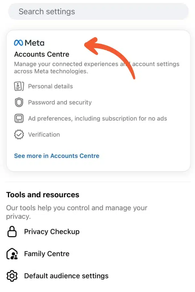 Facebook Settings page showing the Meta “Accounts Centre” section with an arrow pointing to it, along with options for Personal details, Password and security, and Verification.
