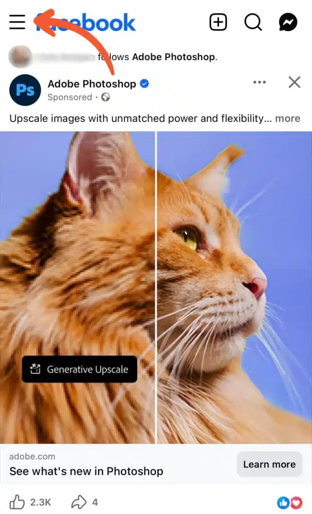 Facebook home feed screen with an arrow pointing to the three-line menu icon in the top left corner, above a sponsored Adobe Photoshop post featuring a cat image.