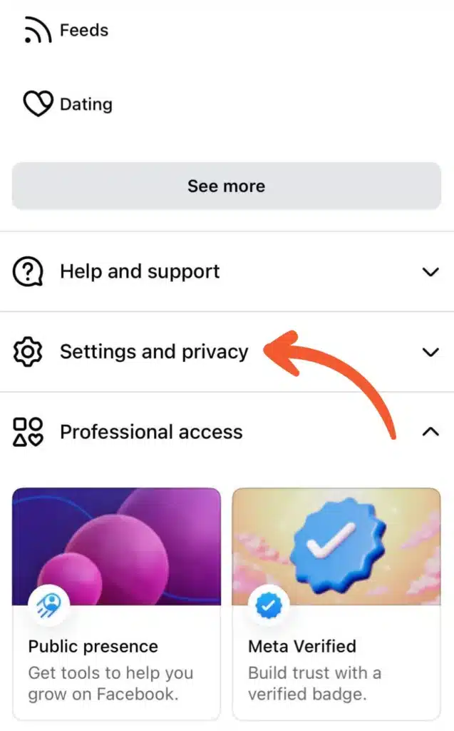 Facebook menu screen showing “Settings and privacy” highlighted with an arrow, along with options like Professional access, Public presence, and Meta Verified.