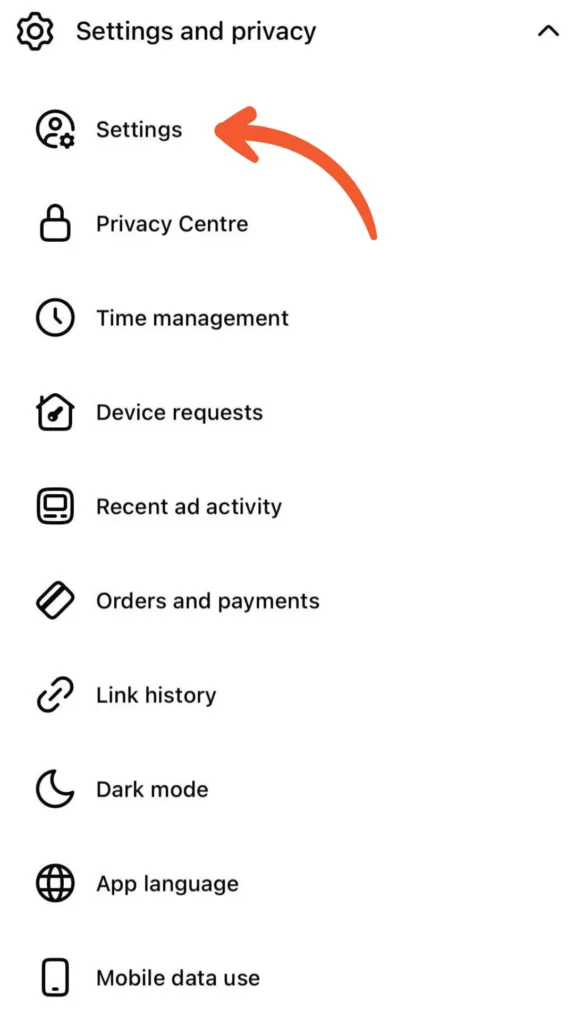 Facebook “Settings and privacy” screen with an arrow pointing to the “Settings” option in the menu list.