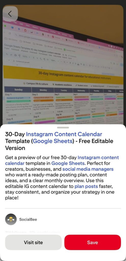 Pinterest pin by SocialBee promoting a free 30-day Instagram content calendar template in Google Sheets for creators and social media managers.