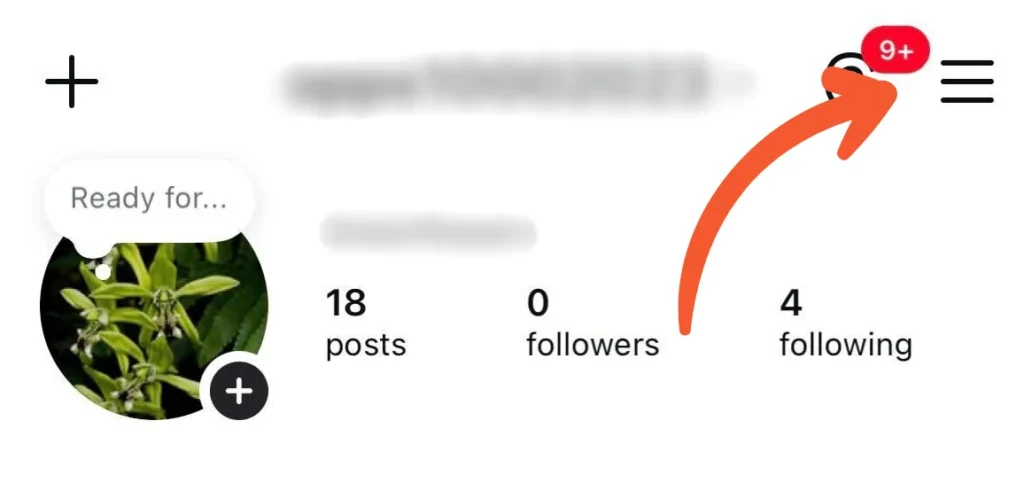 Instagram profile page with an arrow pointing to the three-line menu icon in the top right corner.
