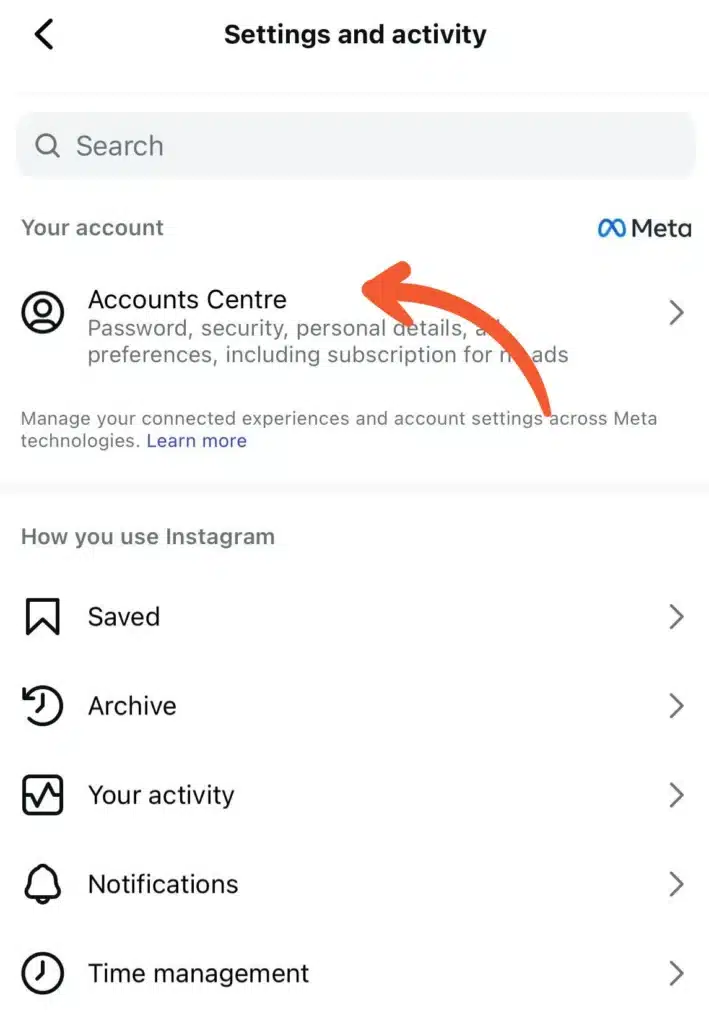 Instagram “Settings and activity” screen with an arrow pointing to “Accounts Centre” under the Meta section.