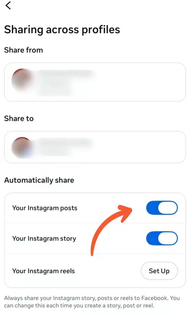 Instagram “Sharing across profiles” settings screen showing automatic sharing toggles for posts and Stories turned on, with an option to set up sharing for Reels.