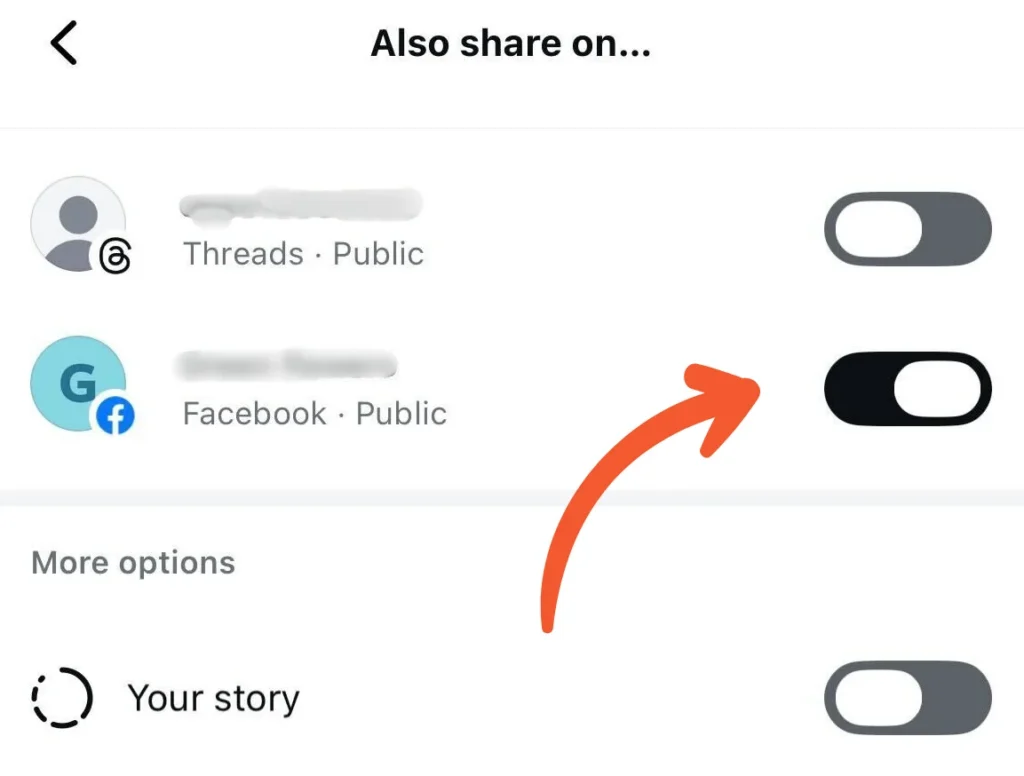 Instagram “Also share on…” screen displaying sharing toggles for Threads and Facebook, with the Facebook toggle turned on and highlighted.