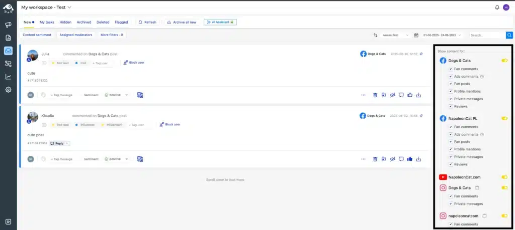 Social media inbox dashboard showing Facebook comments from a Dogs & Cats page, with sentiment labels, user tags, moderation actions, and filters for multiple connected profiles.