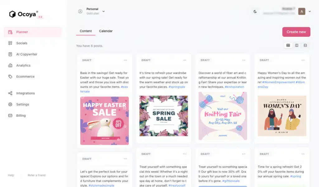 Ocoya content management dashboard displaying drafted social media posts in a grid layout, with promotional graphics for sales, events, and holidays, a left-hand navigation menu, and options to create and manage content.