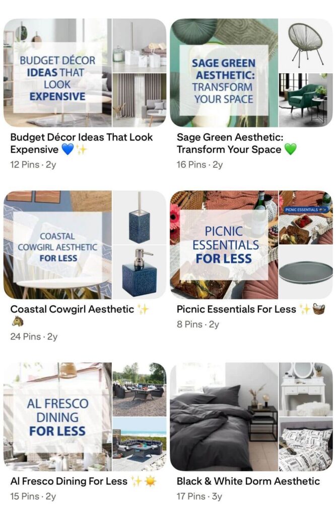 Pinterest profile view displaying boards such as Budget Décor Ideas That Look Expensive, Sage Green Aesthetic, Picnic Essentials, and Coastal Cowgirl.