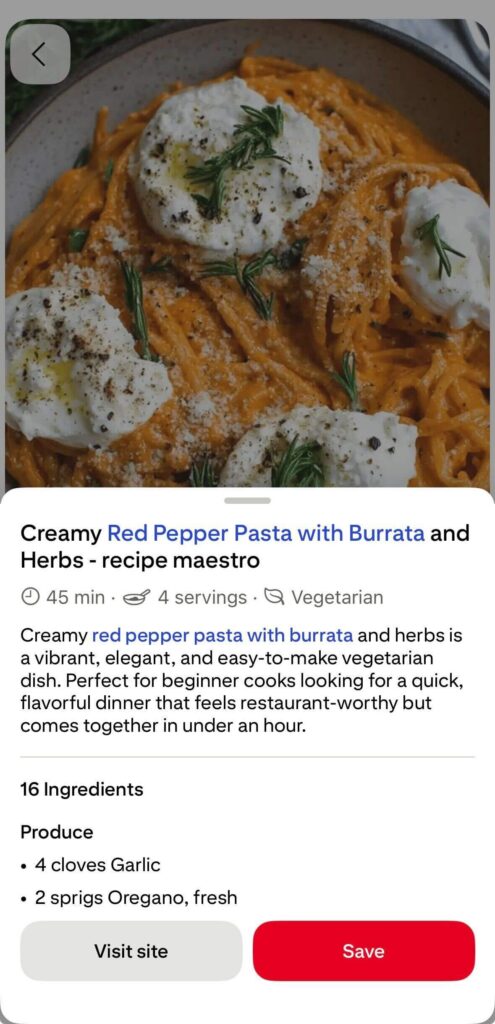 Pinterest recipe pin by Recipe Maestro featuring creamy red pepper pasta topped with burrata, herbs, black pepper, and parmesan.