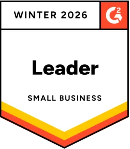 Winter 2026 G2 badge labeled ‘Leader’ for Small Business in social media management.