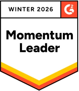 Winter 2026 G2 badge displaying ‘Momentum Leader’ for social media management.