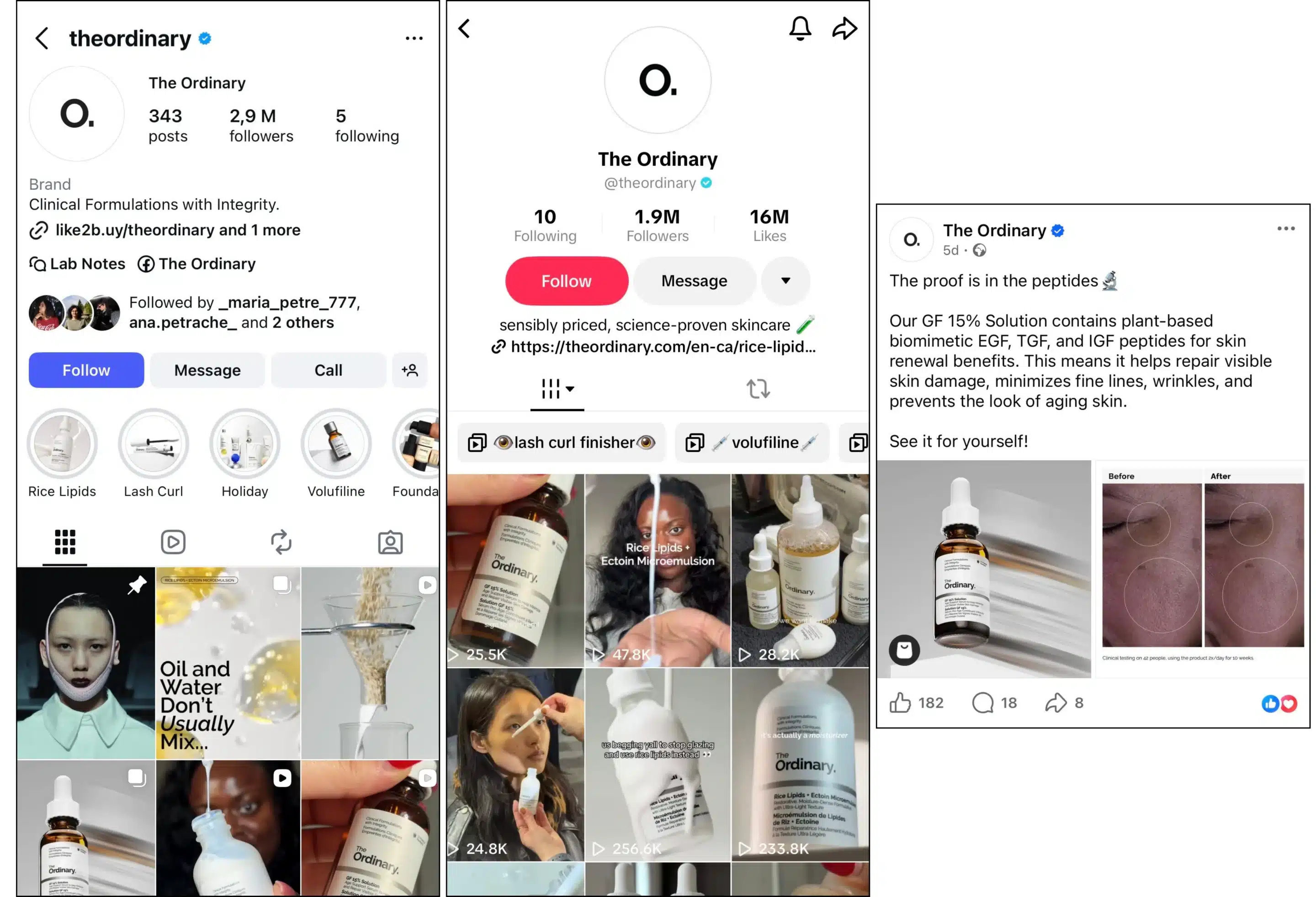 Collage showing The Ordinary across Instagram, TikTok, and Facebook, including brand profile pages, product-focused video grids, and a Facebook post about peptide skincare. Screens display serum bottles, application demos, before-and-after skin results, and captions highlighting science-backed formulations and peptide benefits.