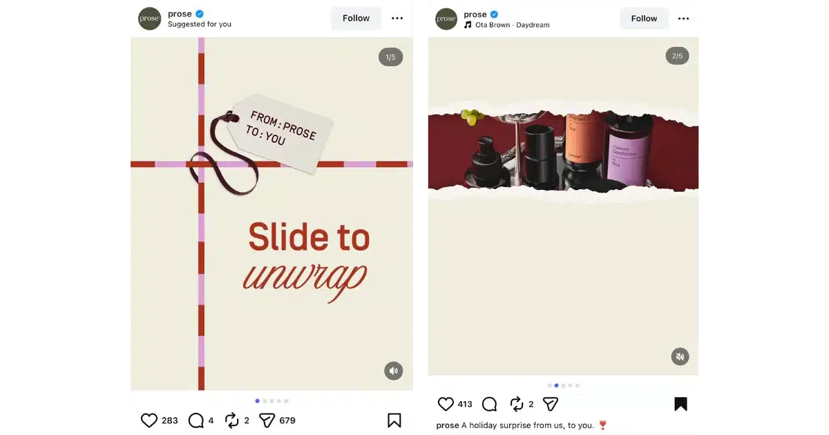 A beige Instagram graphic designed like a wrapped gift, with red and pink ribbon crossing in the center and a tag reading “FROM: PROSE TO: YOU.” Below it, bold red text says “Slide to unwrap.”