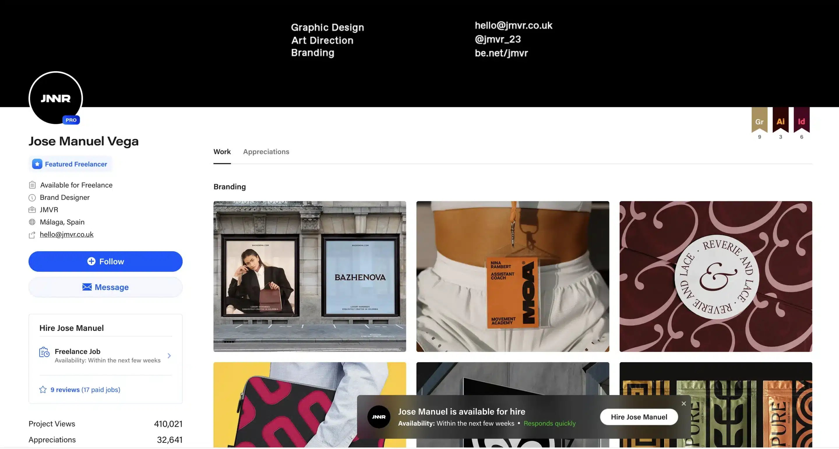 Behance profile page for Jose Manuel Vega, a featured freelance brand designer from Málaga, Spain, showing branding projects including storefront mockups, logo and packaging designs, and visual identity work, with contact details and hire options displayed.