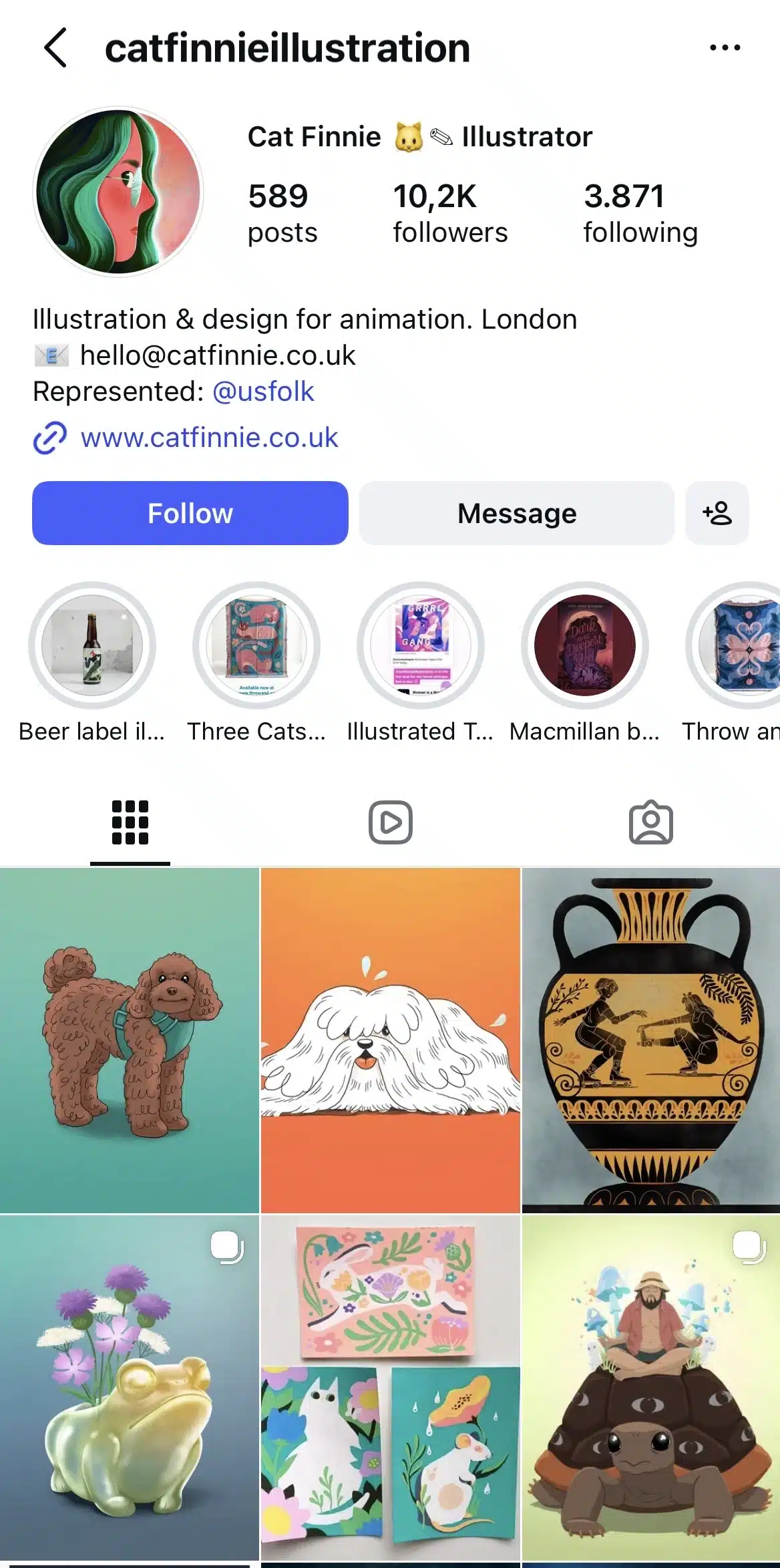 Instagram profile page of illustrator Cat Finnie, showing profile details, follower count, and a grid of colorful illustrated artworks featuring animals, decorative objects, and stylized characters in a playful, modern illustration style.