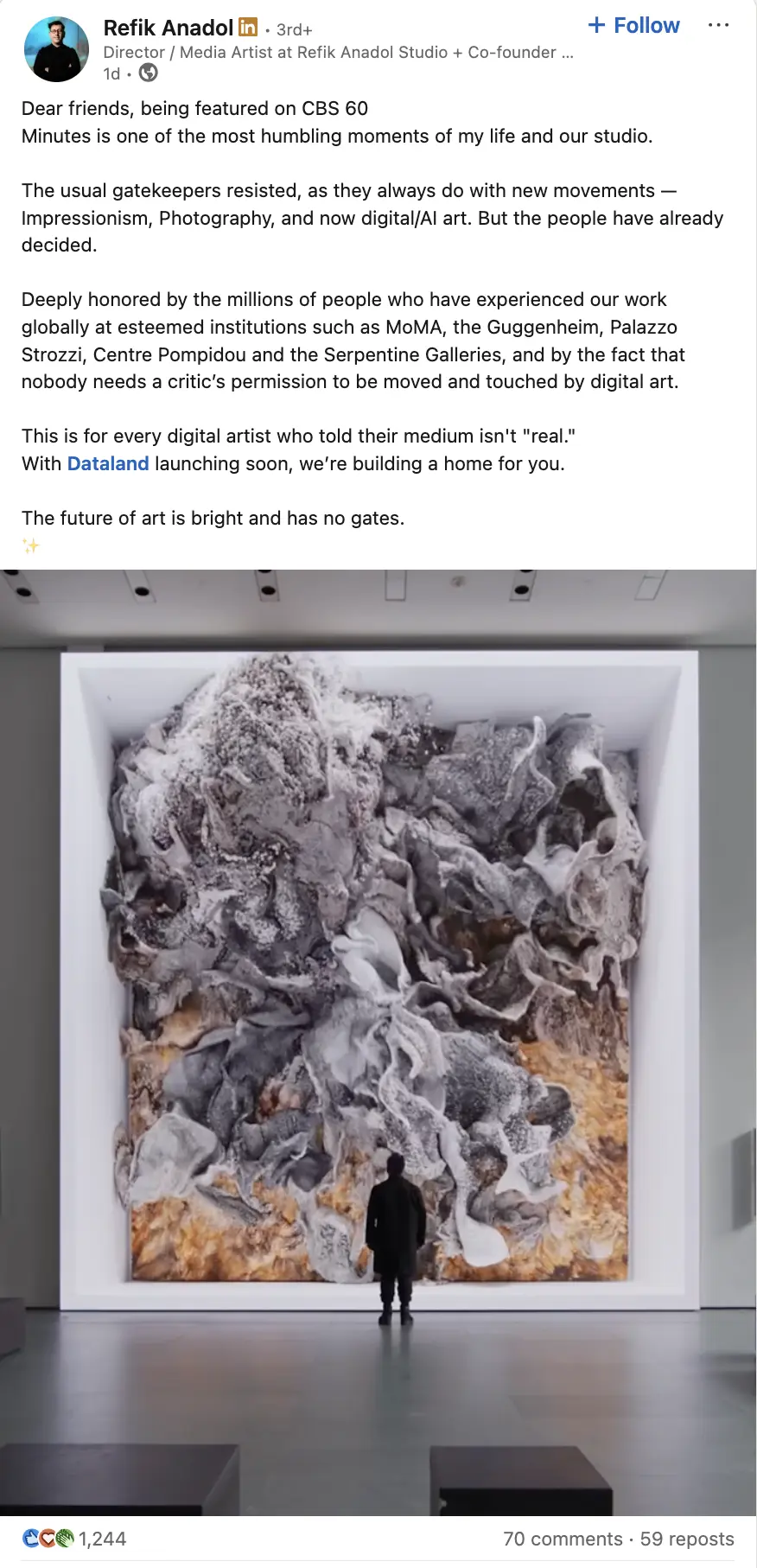LinkedIn post by Refik Anadol announcing his feature on CBS 60 Minutes and discussing digital and AI art, accompanied by a photo of a person standing in a gallery facing a massive abstract digital artwork in gray, white, and amber tones displayed in a large illuminated frame.