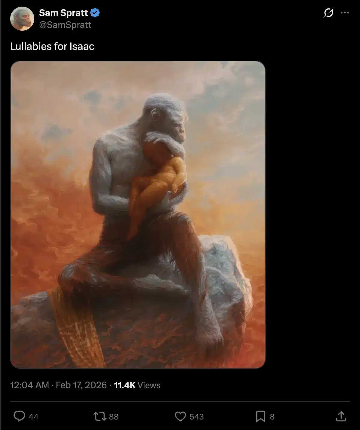 X (formerly Twitter) post by Sam Spratt titled “Lullabies for Isaac,” featuring a surreal painting of a pale, ape-like figure seated on a rock, gently cradling a small child against a fiery, dreamlike sky in warm orange and blue tones.