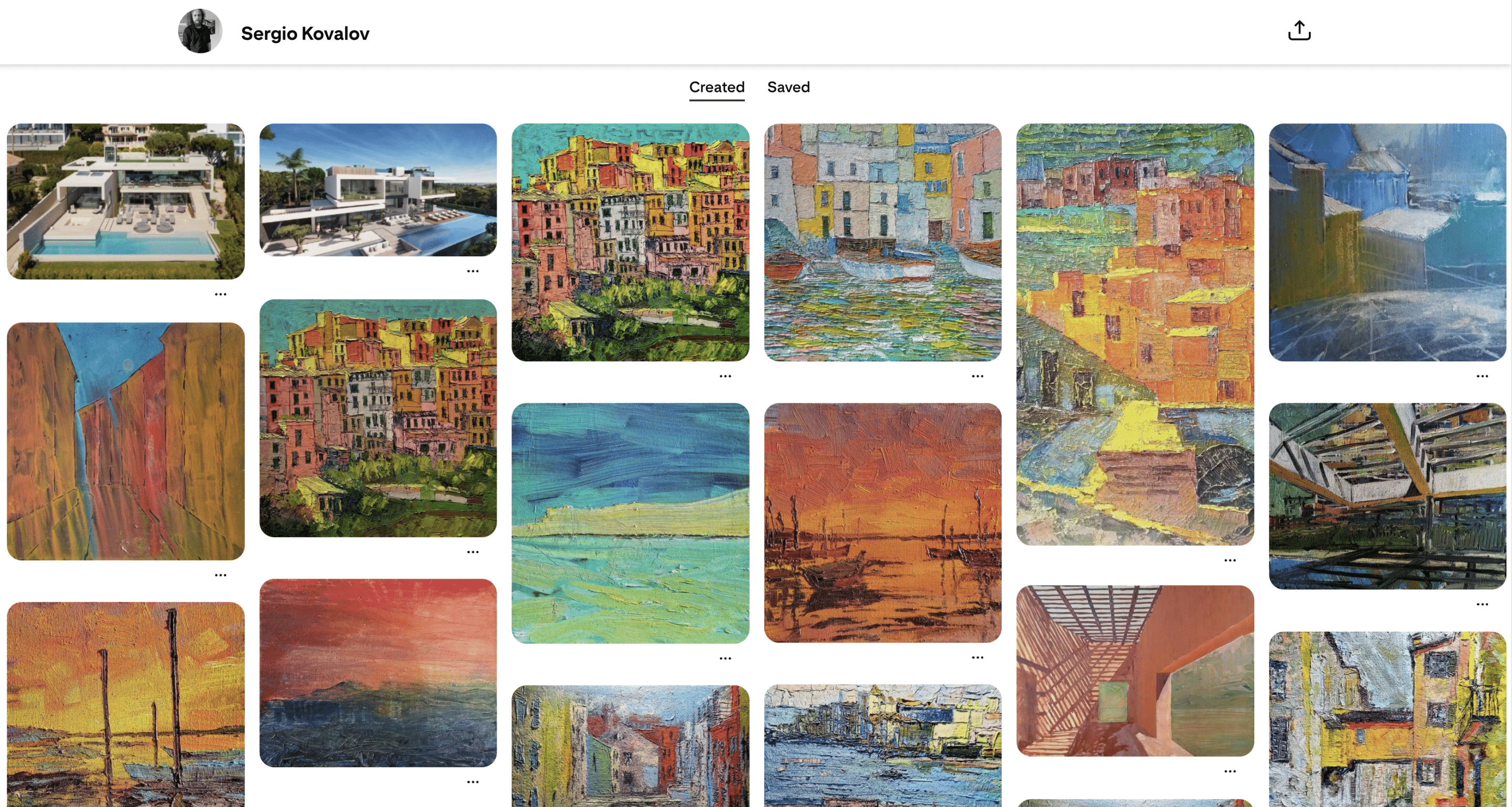 Pinterest profile page for Sergio Kovalov displaying a grid of created pins featuring vibrant, textured paintings of colorful Mediterranean-style buildings, seaside boats at sunset, abstract architectural scenes, and modern luxury homes with pools.