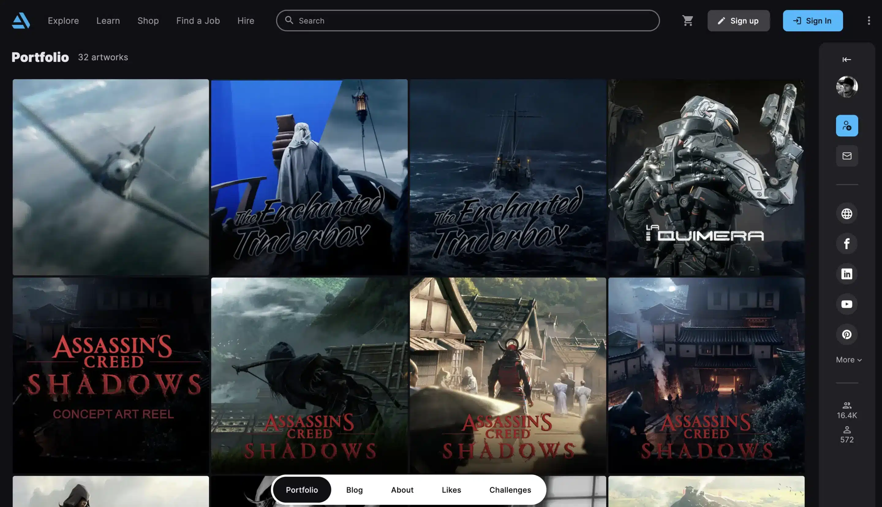 ArtStation portfolio page displaying 32 artworks, including cinematic concept art scenes such as fighter planes in flight, a stormy ship titled “The Enchanted Tinderbox,” a futuristic robot labeled “La Quimera,” and multiple Assassin’s Creed Shadows environment and character concept art pieces.