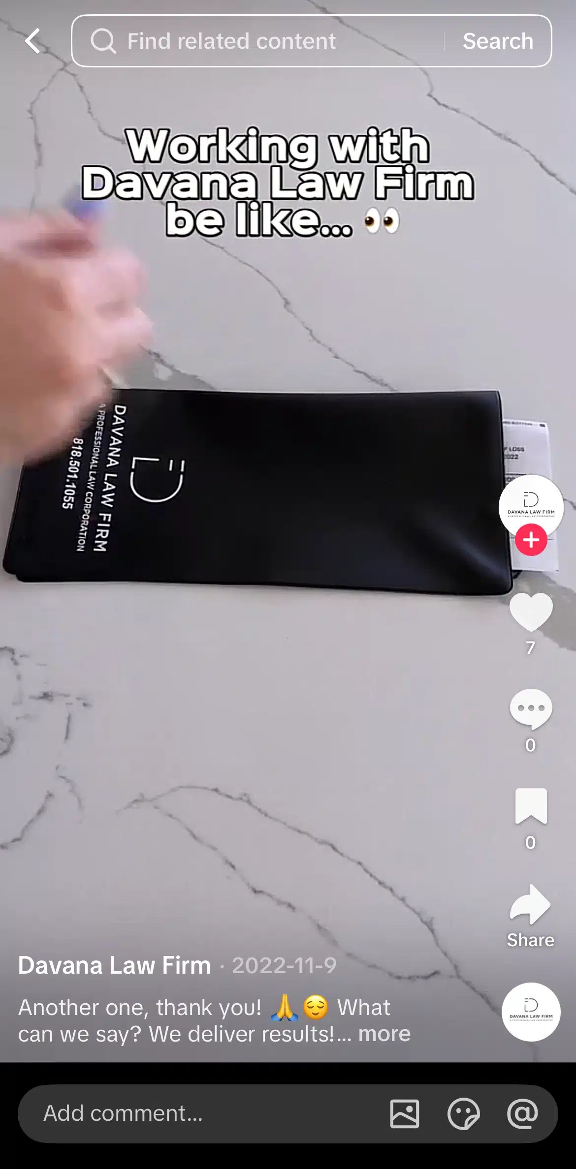 Short-form video from Davana Law Firm showing a branded black document pouch on a marble desk while a hand places paperwork inside, with on-screen text reading “Working with Davana Law Firm be like…,” highlighting a behind-the-scenes moment of client case preparation and legal document handling.