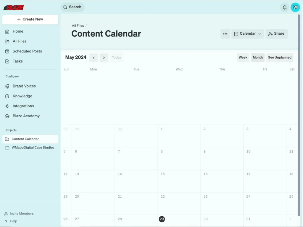 Blaze AI content calendar view showing a monthly schedule layout for planning and managing social media posts.