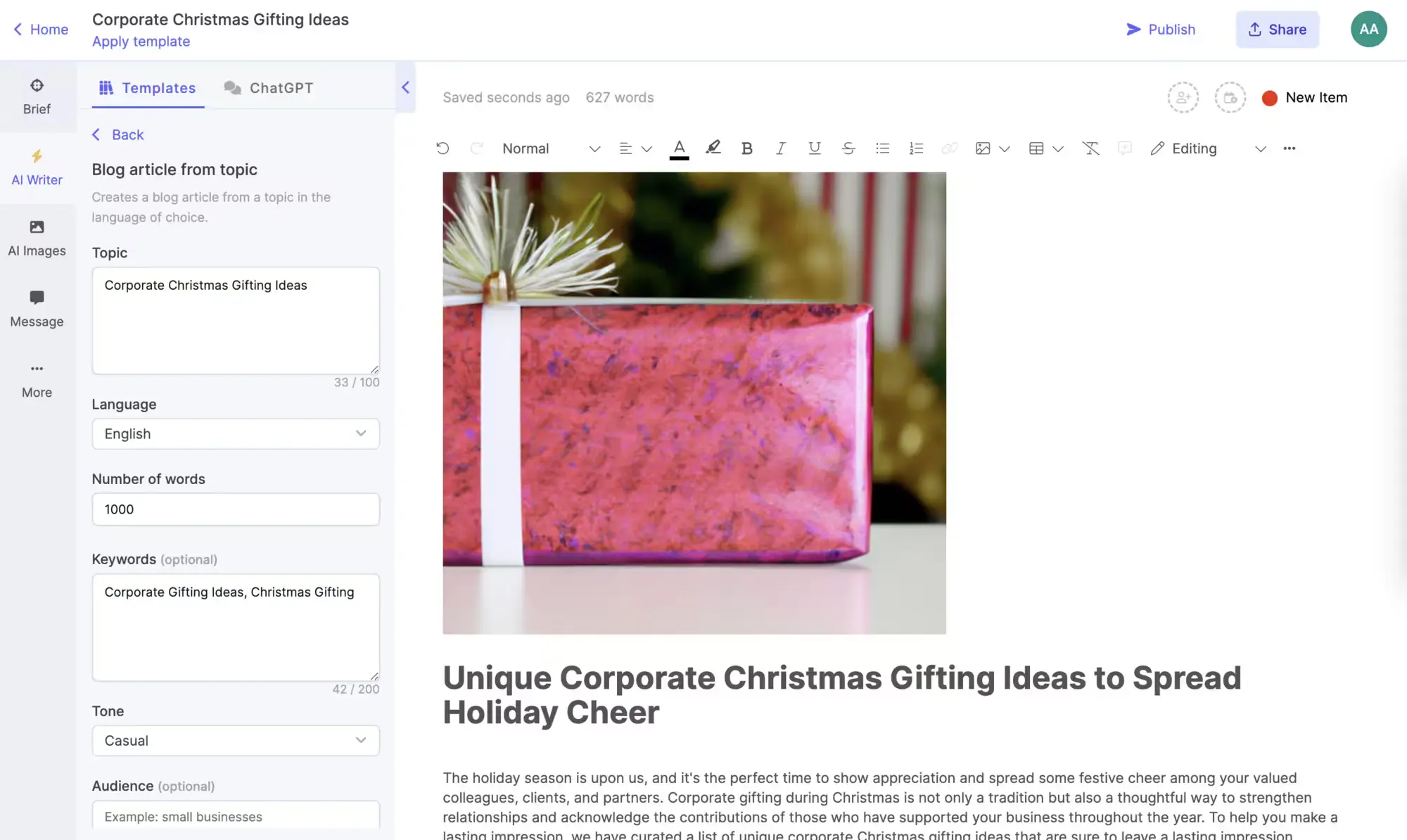 AI blog post generator interface creating an article titled “Unique Corporate Christmas Gifting Ideas to Spread Holiday Cheer,” with settings for topic, language, word count, keywords, and tone, alongside a preview image of a wrapped pink gift box on a desk.