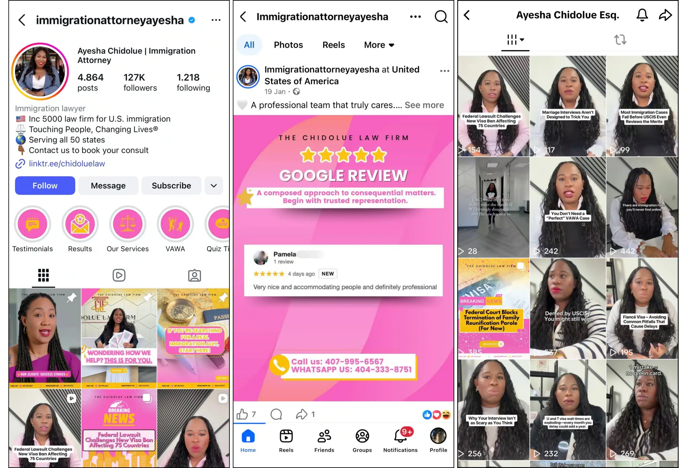 Collage showing Immigration Attorney Ayesha Chidolue’s social media presence, including her Instagram profile, a Facebook post featuring a five-star Google review for The Chidolue Law Firm, and a grid of short educational videos covering U.S. immigration topics like visa challenges, USCIS interviews, and VAWA cases.