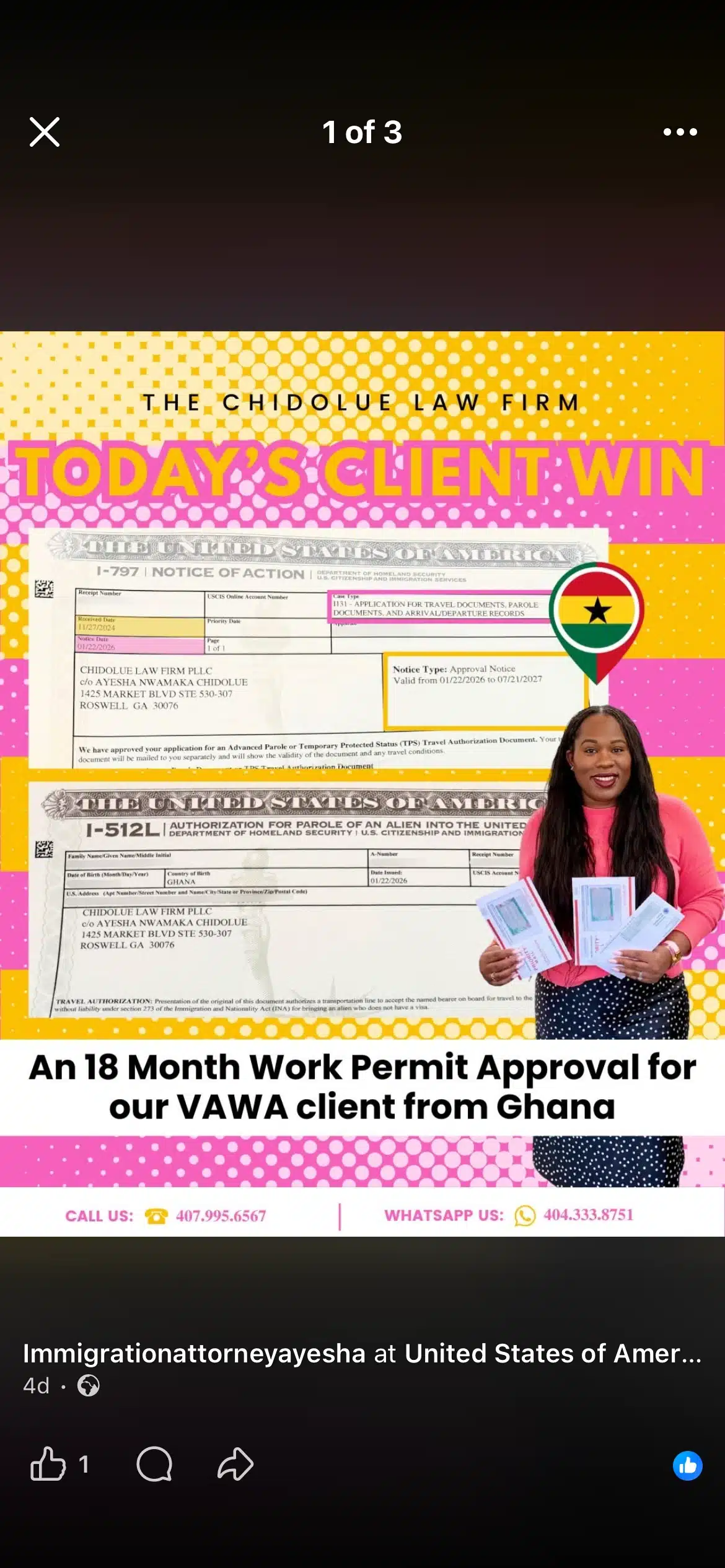 Social media post from The Chidolue Law Firm announcing a client success story, featuring an attorney holding approval notices with on-screen text reading “Today’s Client Win” and “An 18 month work permit approval for our VAWA client from Ghana.” The graphic highlights U.S. immigration approval documents and promotes the firm’s immigration law services.