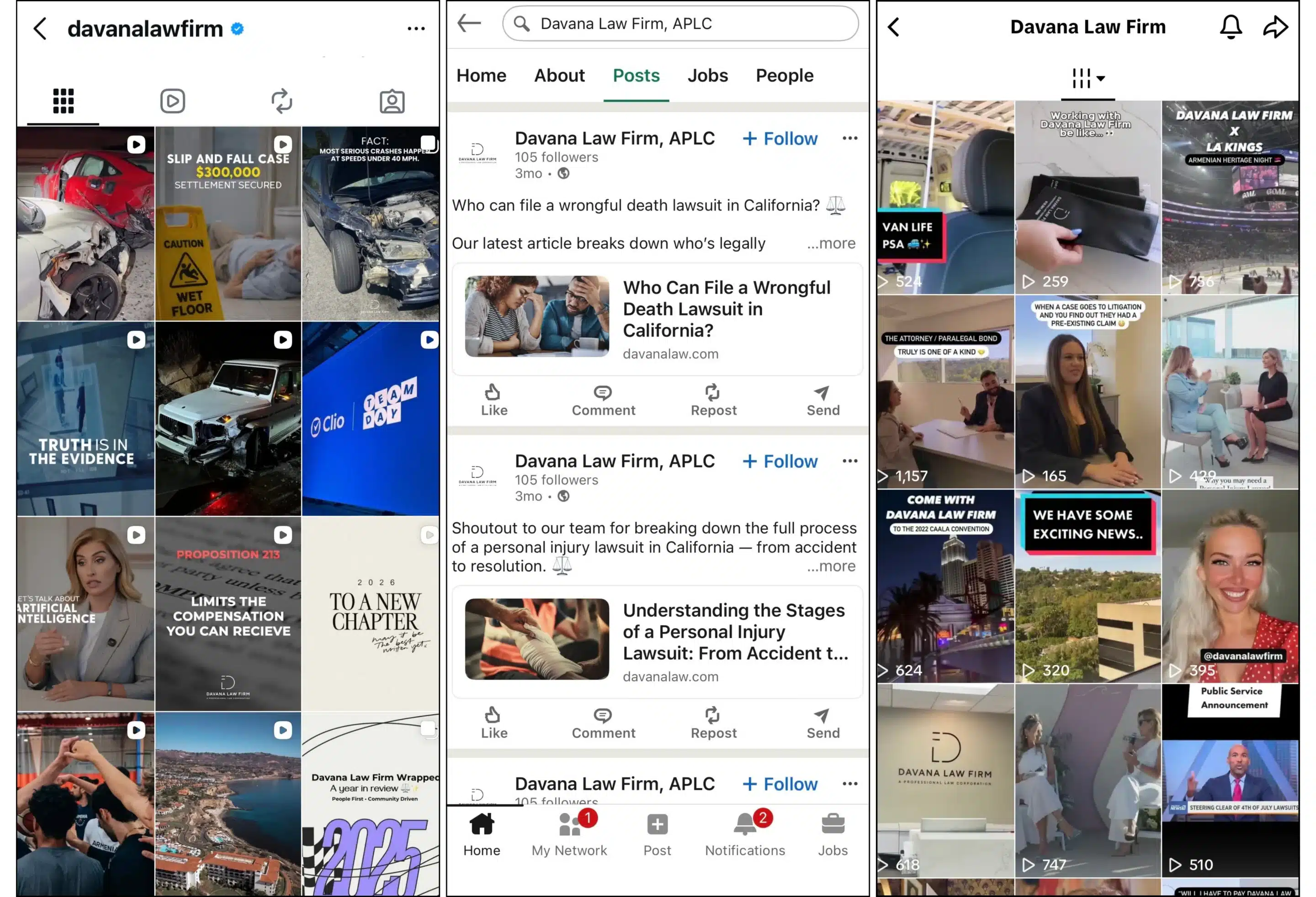 Three-panel screenshot showing Davana Law Firm’s Instagram grid, LinkedIn posts, and TikTok feed, featuring personal injury and wrongful death legal content, accident case visuals, educational videos, team moments, and a LinkedIn article preview titled “Who Can File a Wrongful Death Lawsuit in California?” along with updates about the firm’s services and community involvement.