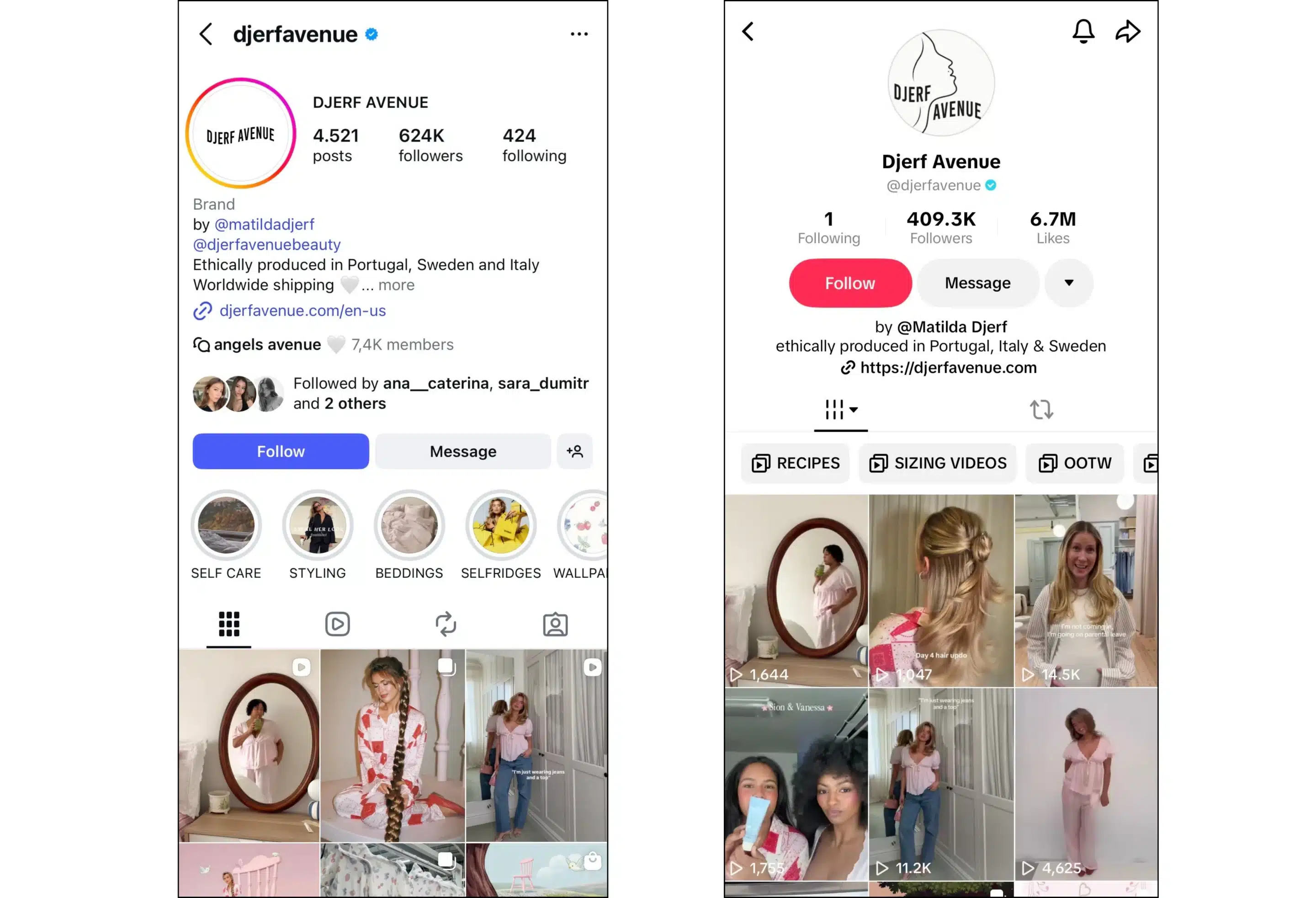 Side-by-side screenshots of Djerf Avenue’s Instagram and TikTok profiles, showing the brand bio by Matilda Djerf, follower counts, and grids of pastel-toned fashion and lifestyle videos featuring women modeling soft pink outfits and casual home styling content.