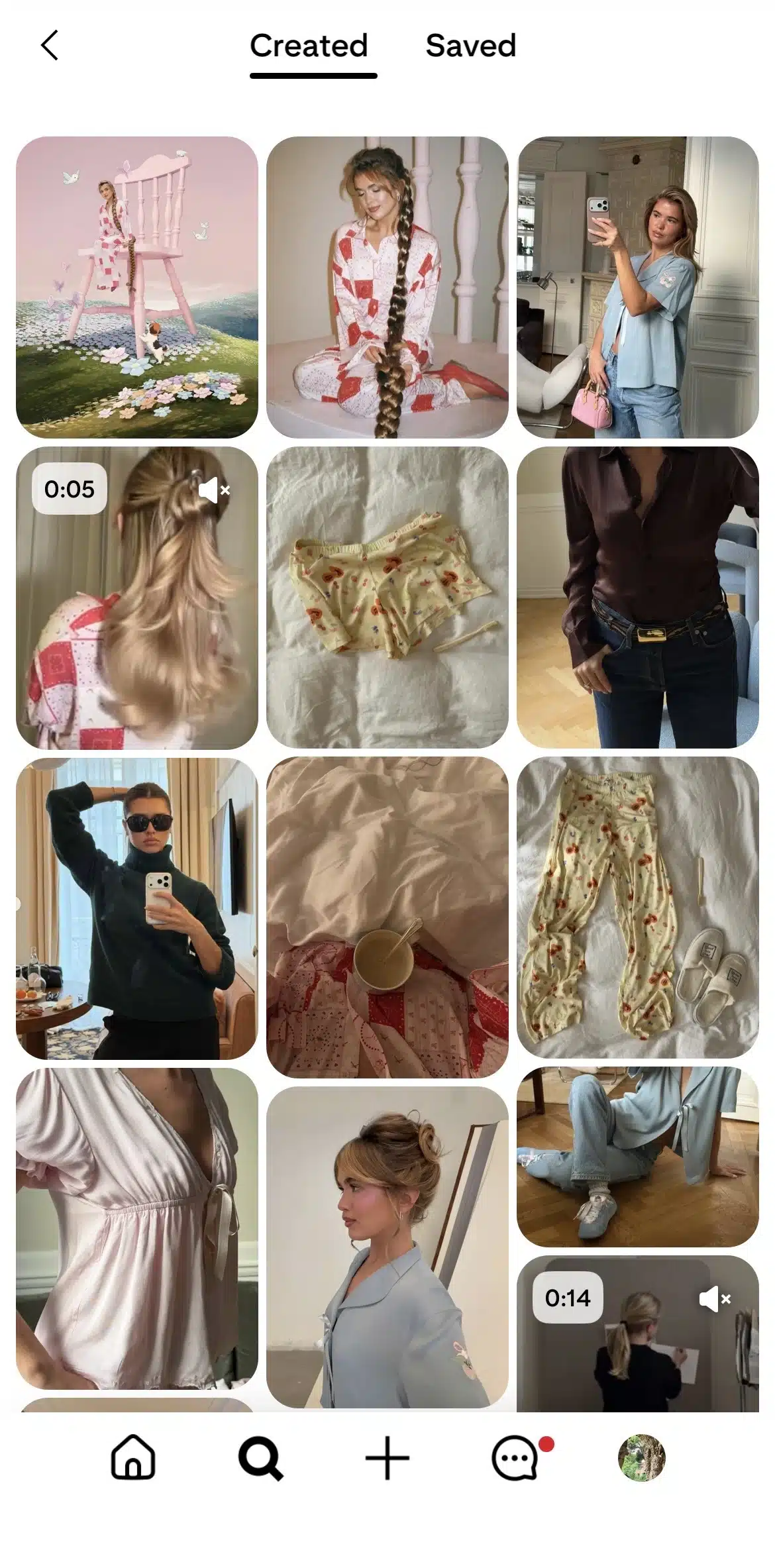 Pinterest “Created” grid showing soft, pastel-toned fashion and lifestyle posts, including women modeling pajamas and casual outfits, mirror selfies, hair styling clips, flat lays of floral sleepwear on white bedding, cozy coffee-in-bed scenes, and minimalist home interiors with neutral colors.