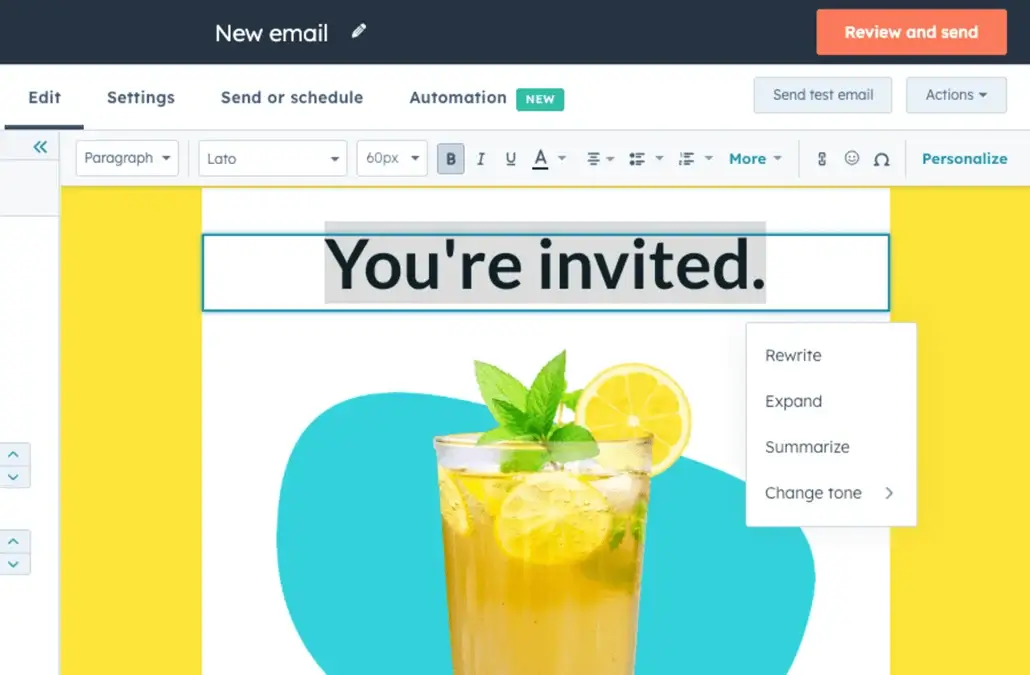 Email editor interface showing a marketing email with the headline “You’re invited,” a lemon mint drink image, and AI writing options like Rewrite, Expand, Summarize, and Change tone, demonstrating AI-assisted email content creation.