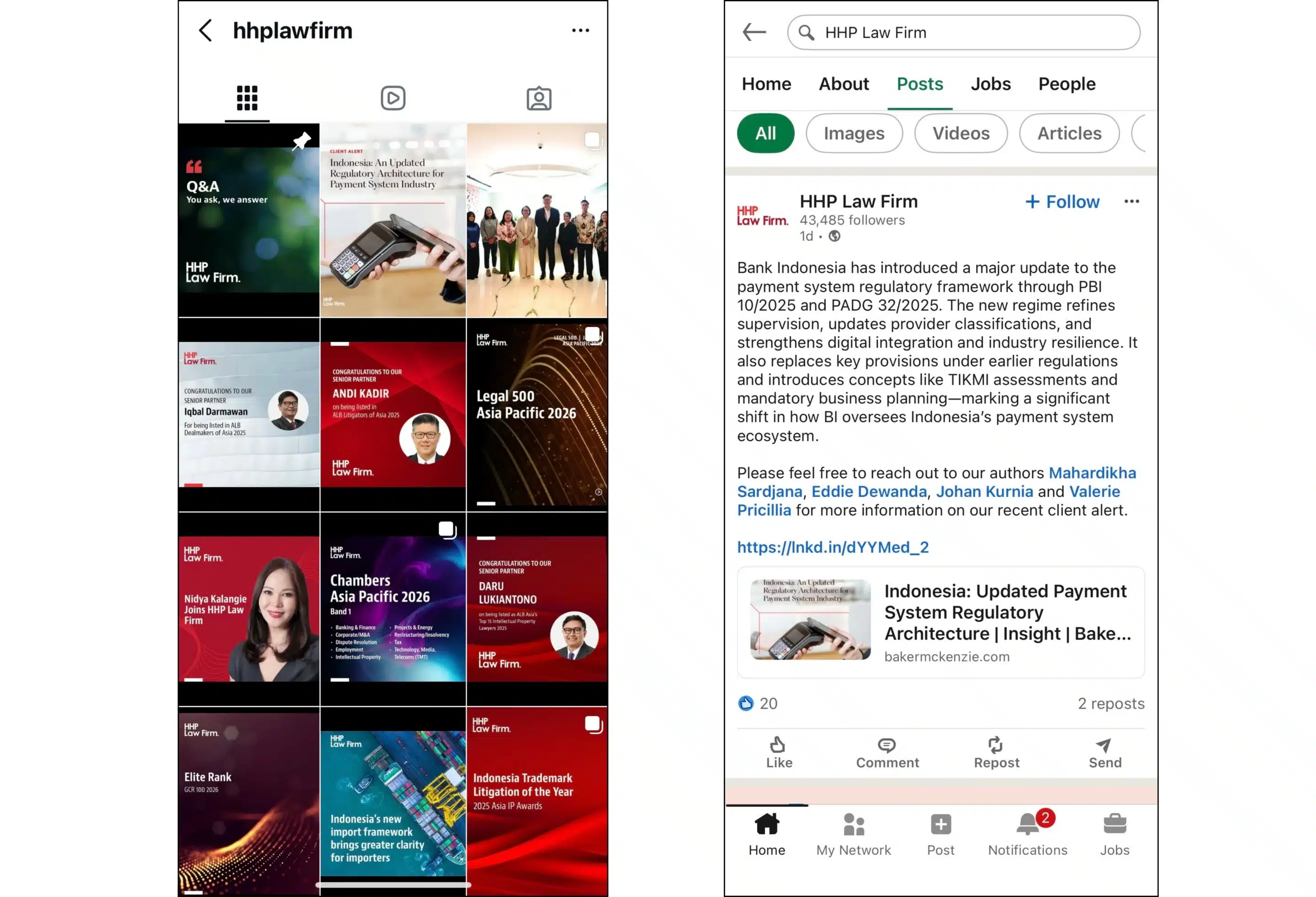 Side-by-side screenshot of HHP Law Firm’s Instagram grid and LinkedIn post, showing legal updates, partner announcements, awards, and client alerts, alongside a LinkedIn update about Indonesia’s updated payment system regulatory framework with a link to a detailed regulatory insight article.