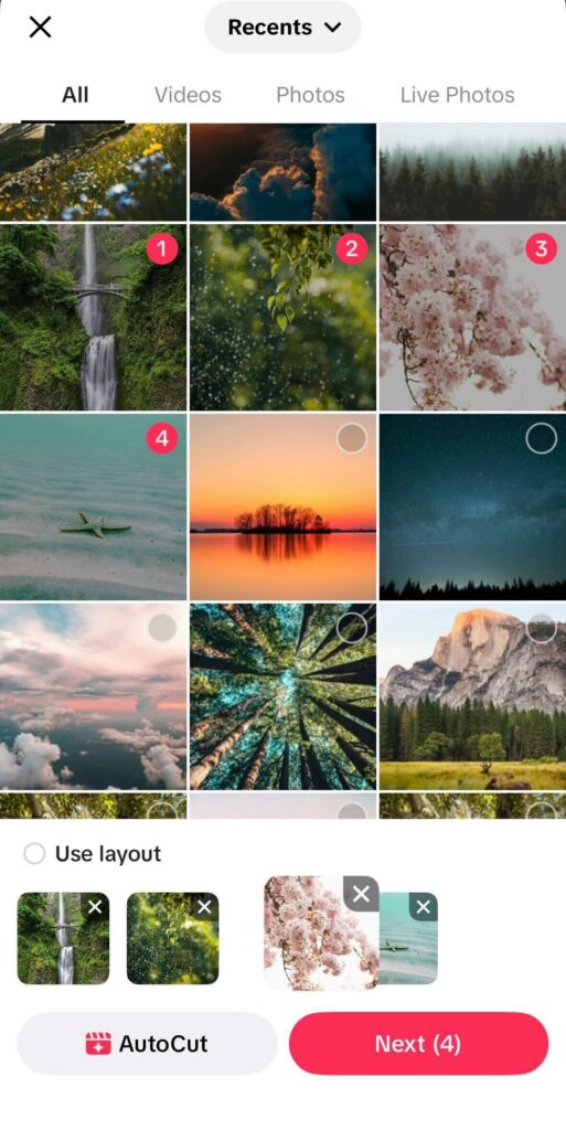 TikTok gallery screen with several landscape photos selected, checkmarks on chosen images, and a “Next (4)” button highlighted to upload multiple images into a slideshow.