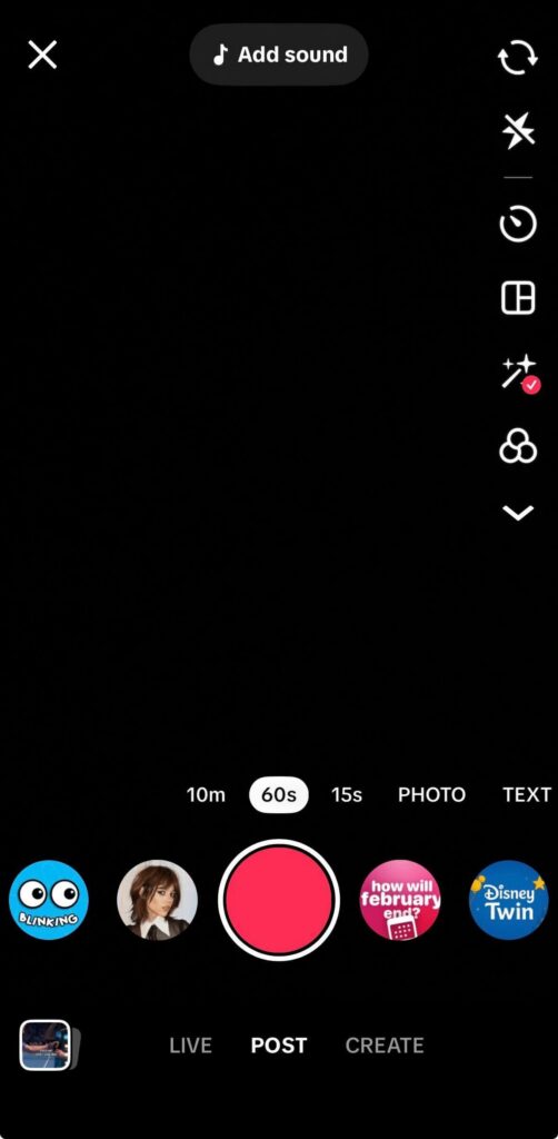 TikTok video creation screen with a red record button, 60-second option selected, and “Add sound” at the top, showing POST mode ready to create content.