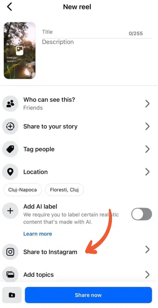 Facebook “New reel” screen showing title and description fields, privacy options, AI label toggle, and “Share to Instagram” option highlighted with an arrow.