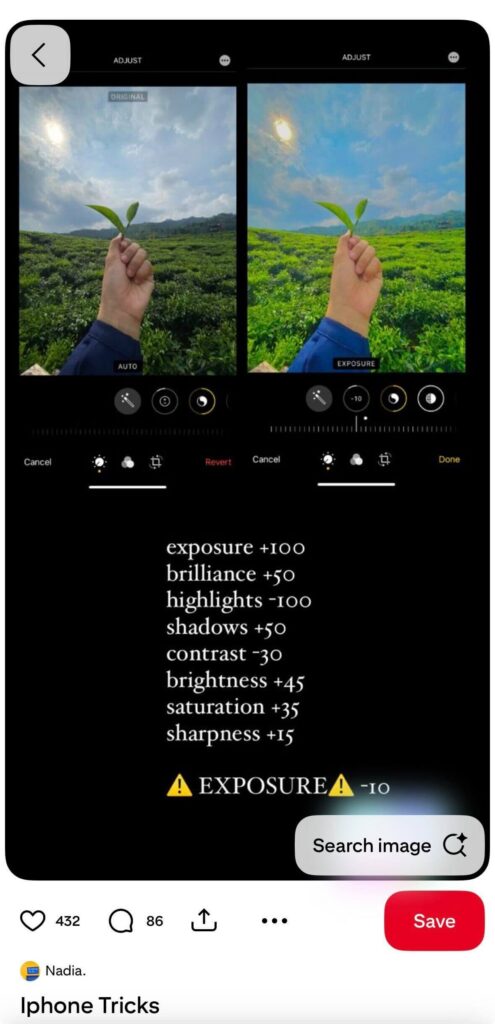 Pinterest post by Nadia showing side-by-side iPhone photo editing results with exposure, highlights, saturation, and brightness settings listed.