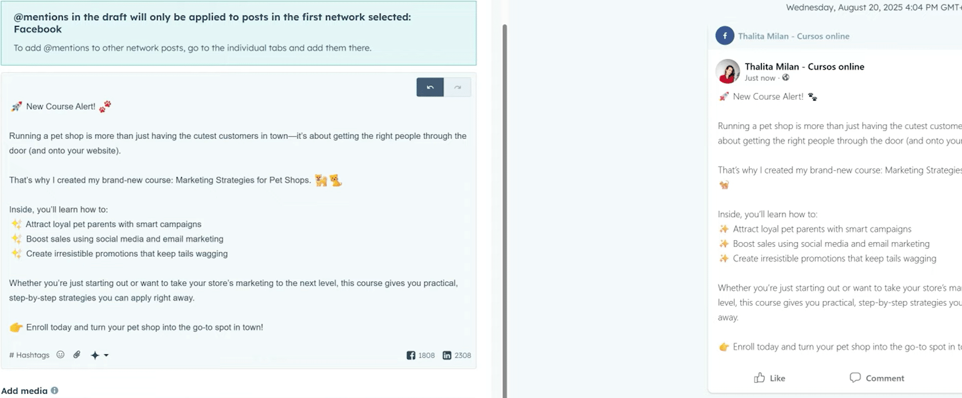 HubSpot’s post preview featuring a social media post draft and Facebook preview announcing a new course.