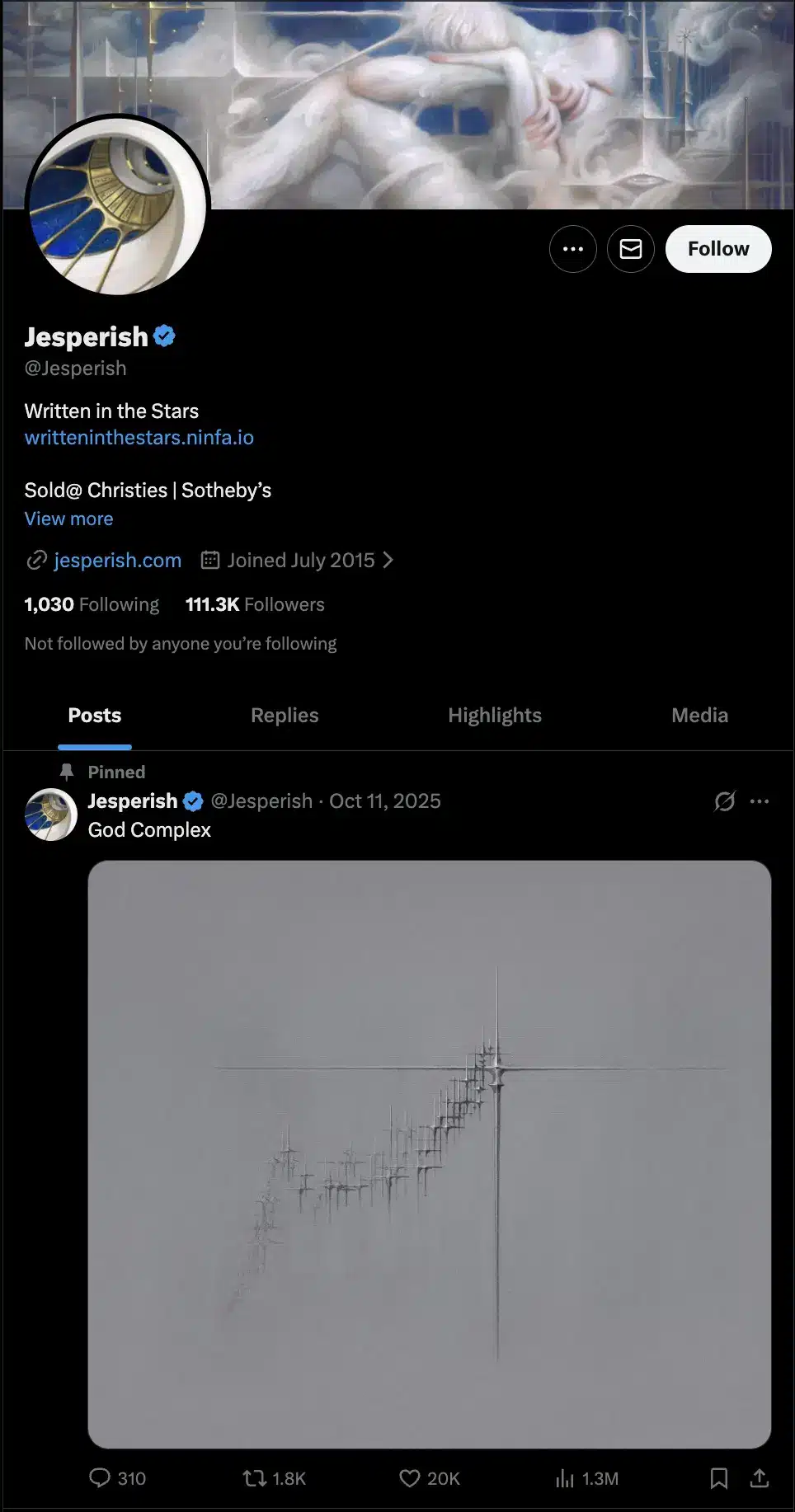 X (formerly Twitter) profile of digital artist Jesperish, highlighting “Written in the Stars” and auction sales at Christie’s and Sotheby’s, with a pinned post titled “God Complex” featuring a minimalist grayscale artwork composed of fine intersecting lines forming a subtle cross-like structure on a light background.