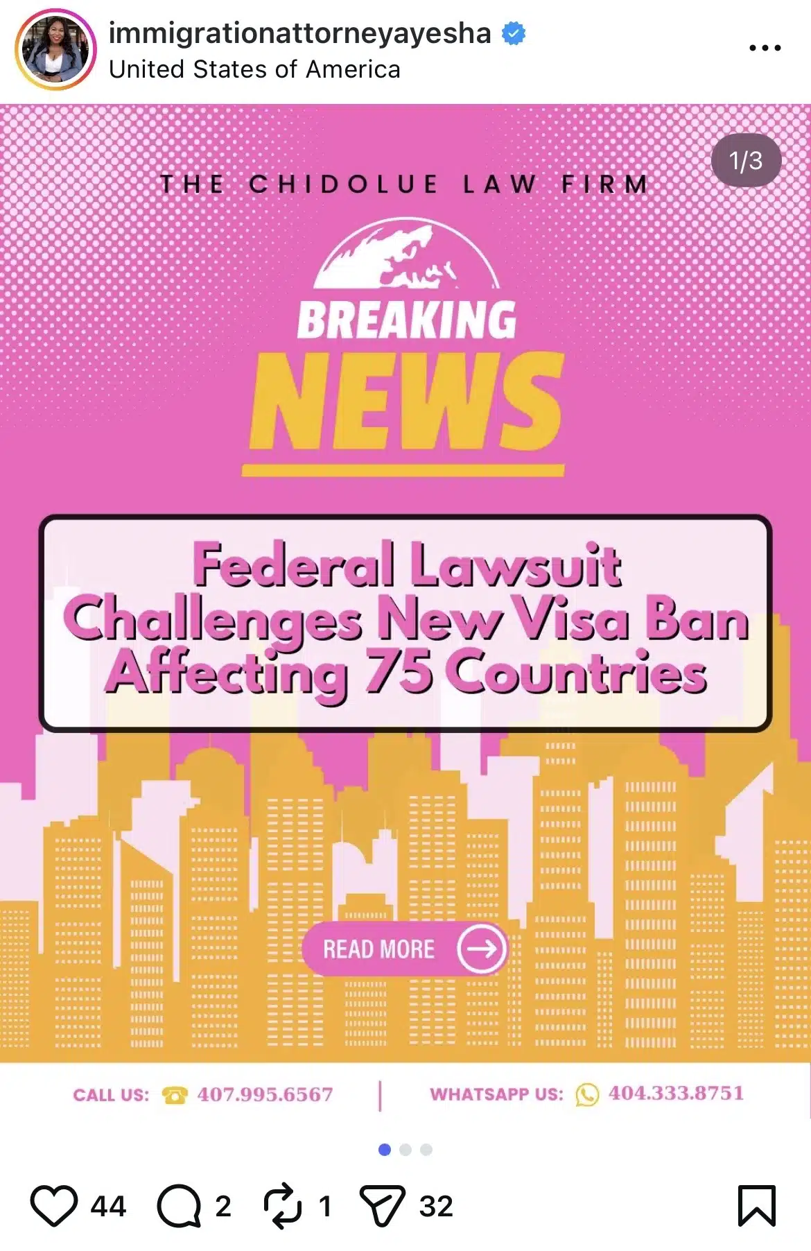 Instagram carousel graphic from The Chidolue Law Firm announcing breaking immigration news, with headline text reading “Federal lawsuit challenges new visa ban affecting 75 countries,” set over a pink and yellow city skyline background and a “Read more” call-to-action, promoting updates from a U.S. immigration law firm.