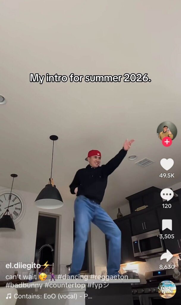 TikTok video of a young man wearing a red cap dancing on a kitchen countertop under the text “My intro for summer 2026,” with likes, comments, and share icons visible.