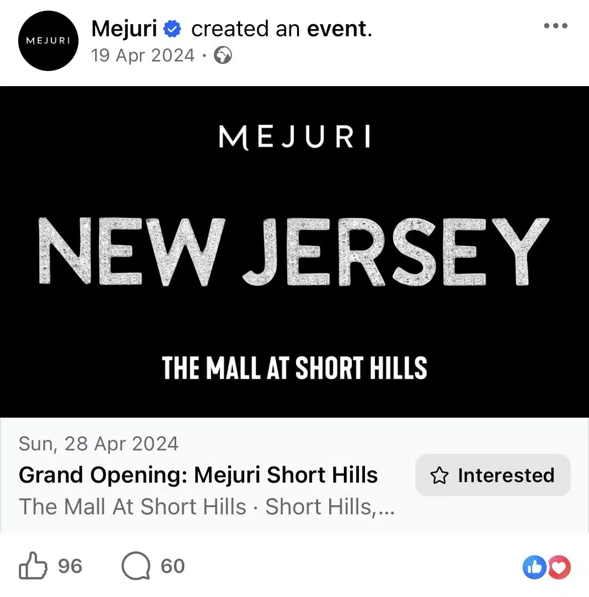 Facebook event post from Mejuri announcing the grand opening of its Short Hills store in New Jersey at The Mall at Short Hills, featuring a black promotional graphic with “New Jersey” in large textured lettering and event details dated April 28, 2024.