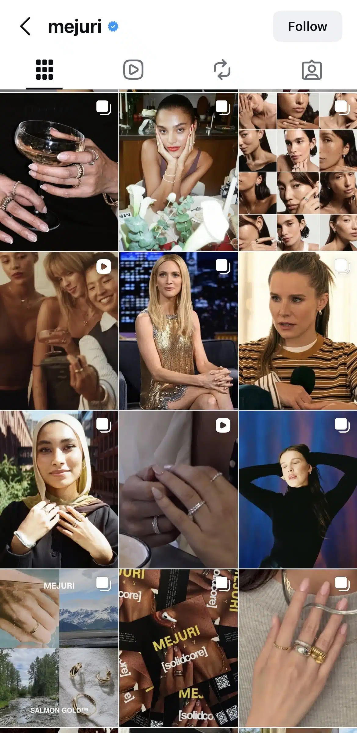 Instagram profile grid for Mejuri showing lifestyle jewelry content, including close-ups of hands wearing gold rings, models styling minimalist necklaces and earrings, skincare-style portraits, and celebrity features, presented in a clean, editorial layout that highlights Mejuri’s everyday fine jewelry aesthetic.