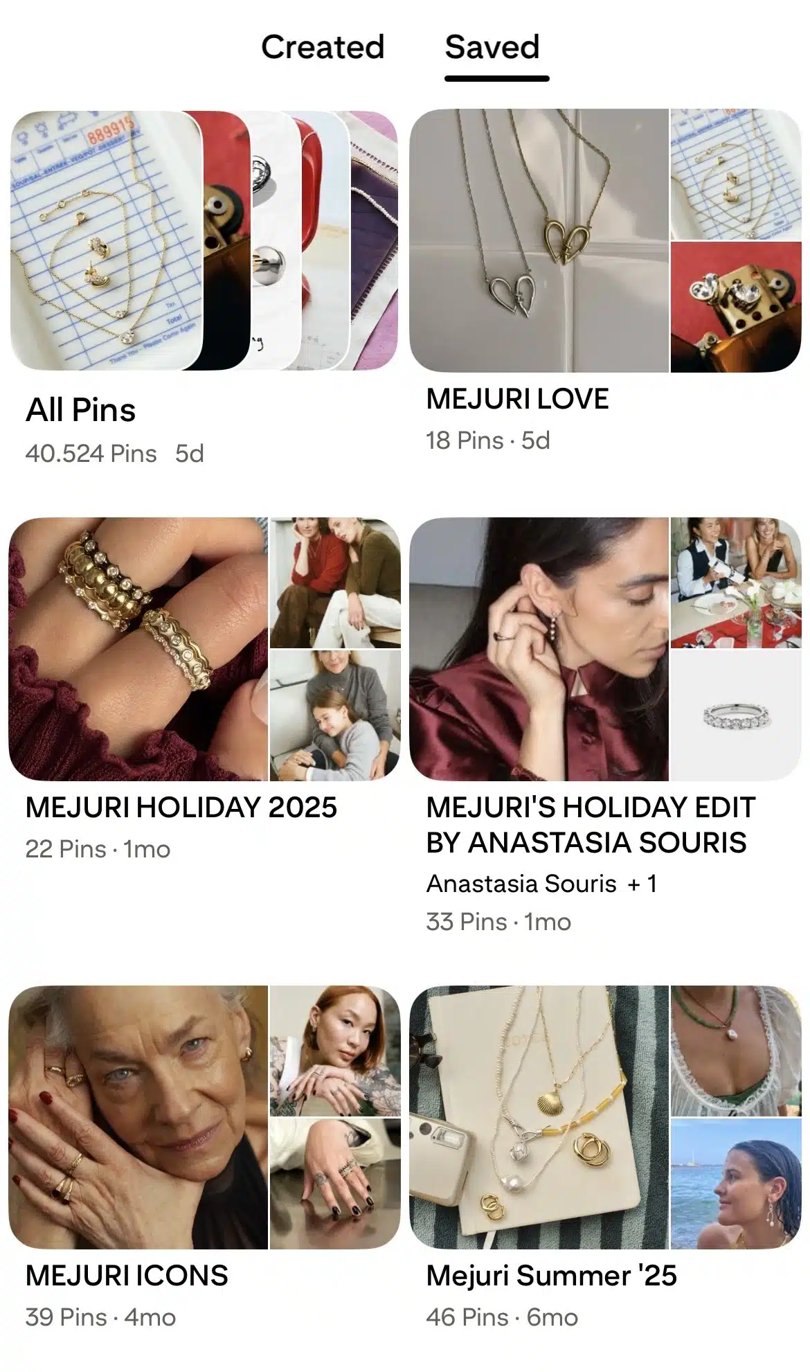 Pinterest profile view showing Mejuri’s saved boards, including “Mejuri Love,” “Mejuri Holiday 2025,” “Mejuri Icons,” and “Mejuri Summer ’25,” with preview thumbnails featuring gold and silver jewelry, rings on hands, layered necklaces, and lifestyle shots of models wearing Mejuri pieces.