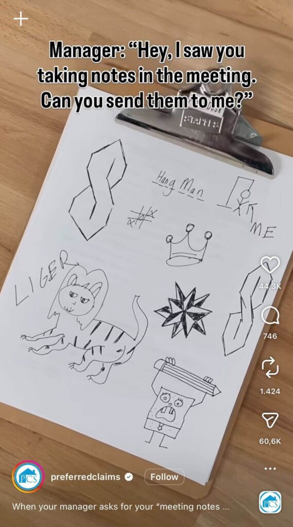 Clipboard holding a sheet of paper filled with doodles instead of notes, paired with text about a manager asking to send meeting notes.